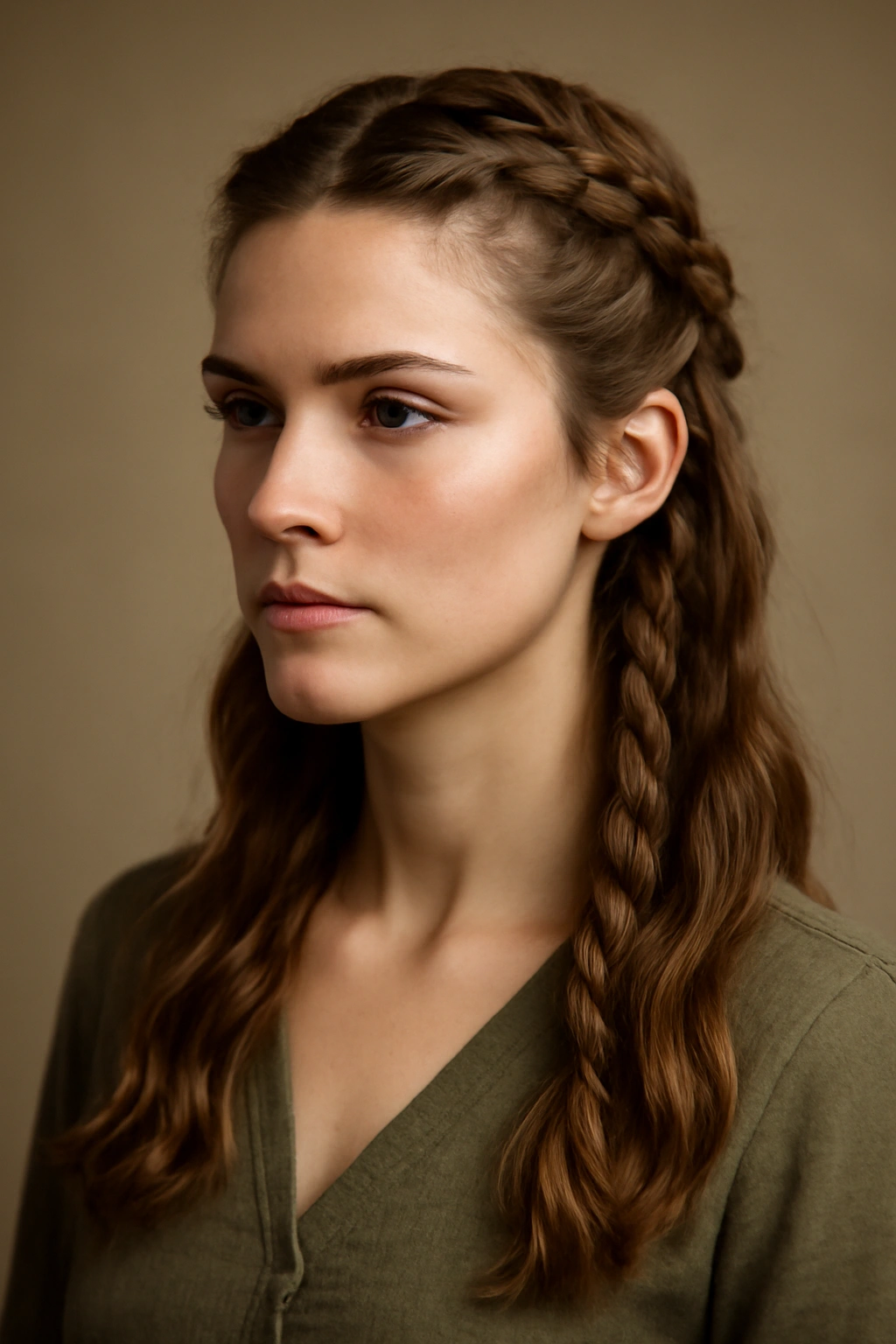 Close-up of shield maiden braid with twin face-framing braids