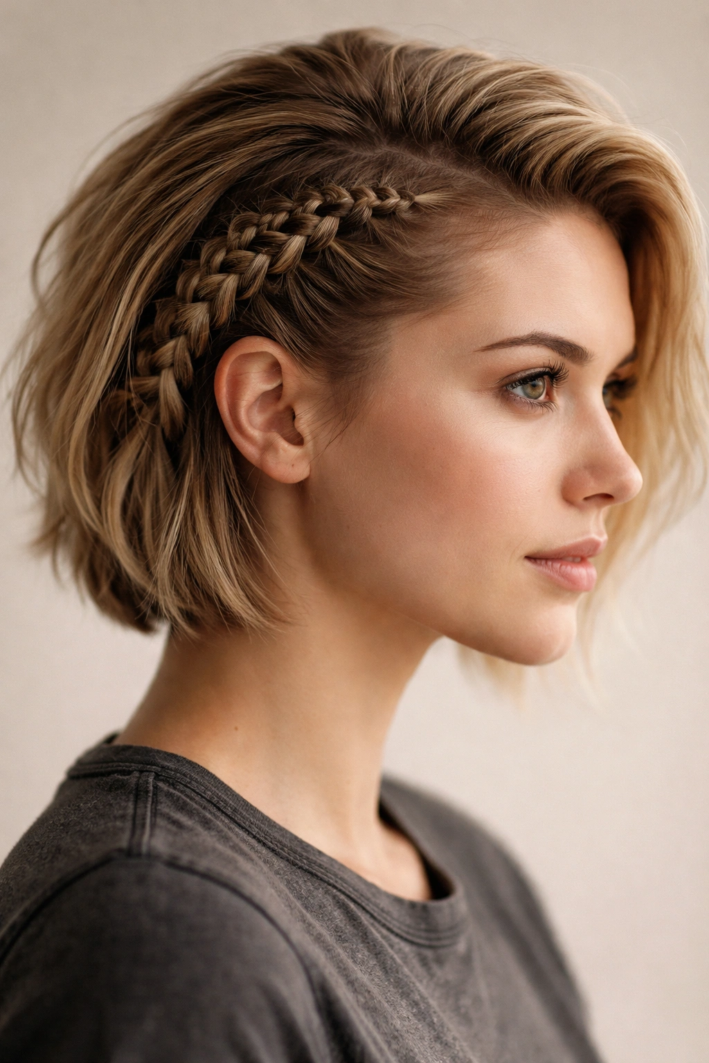 Close-up of a short hairstyle with a shieldmaiden side braid along the scalp
