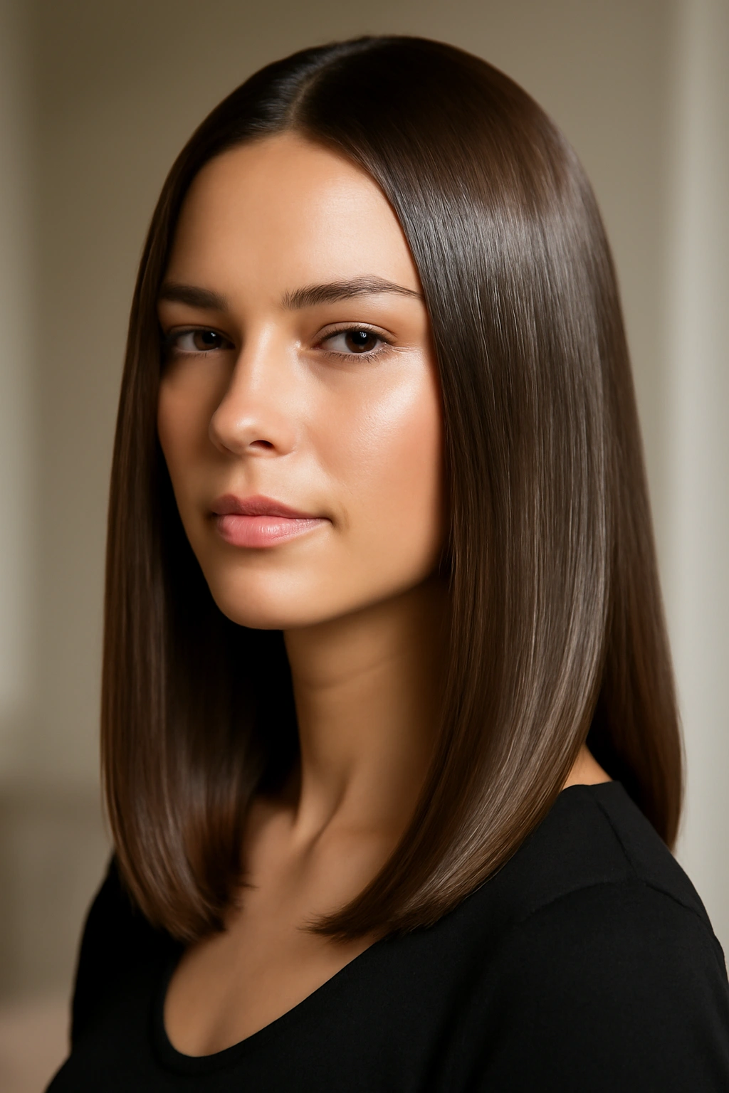 Shoulder-length straight hair with a highly polished glossy finish
