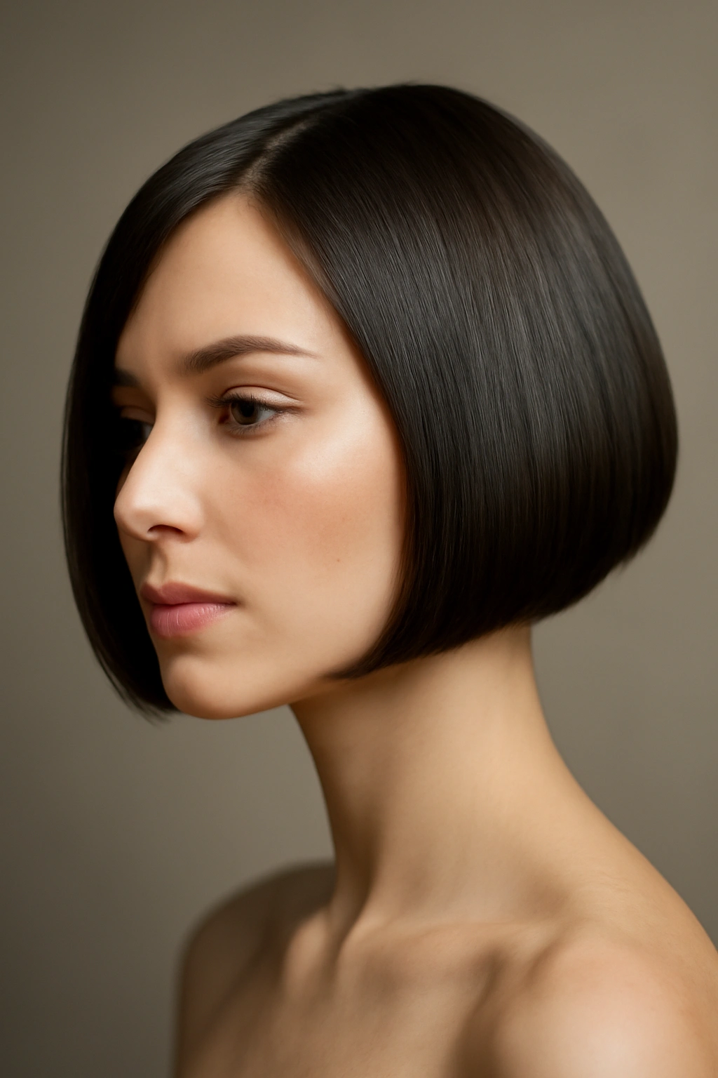 Close-up portrait of a sleek chin-length bob with blunt edge and inward curve