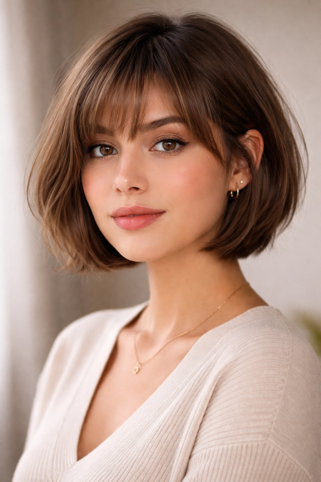 Chin-length bob with wispy side-swept bangs framing a round face