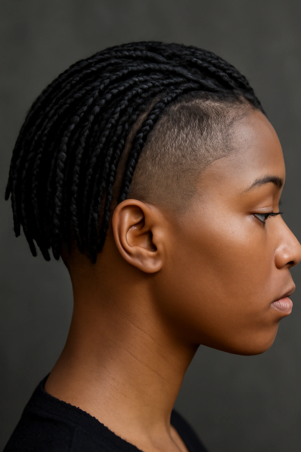 Side profile of short box braids with shaved sides and fade
