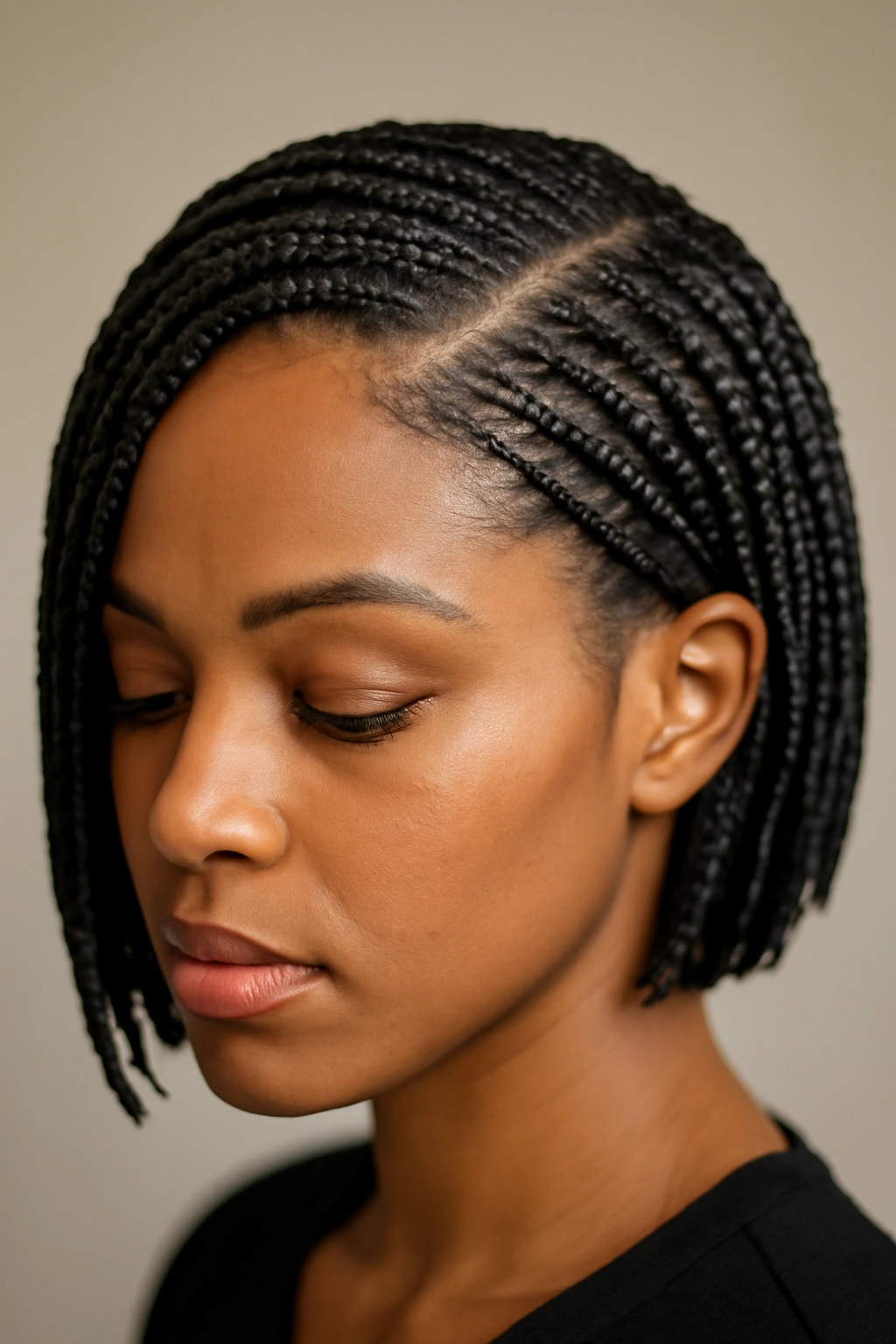 Deep side-parted short box braids with smooth part line