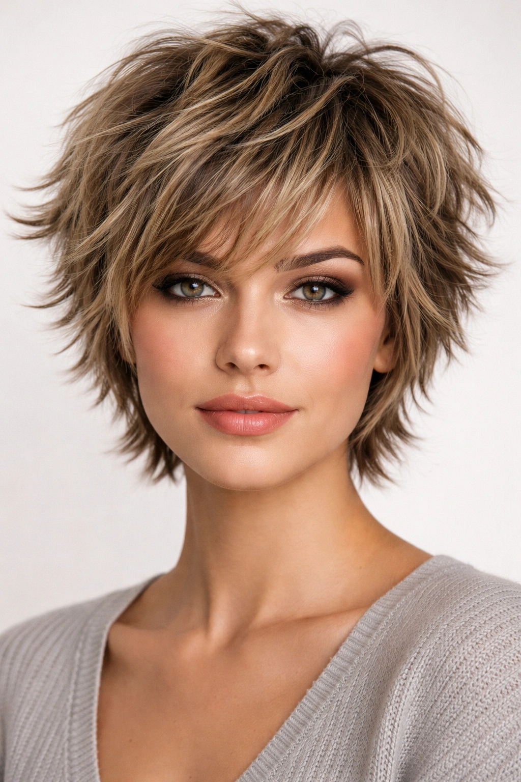 Close-up of head with uniform short choppy layers all around for volume