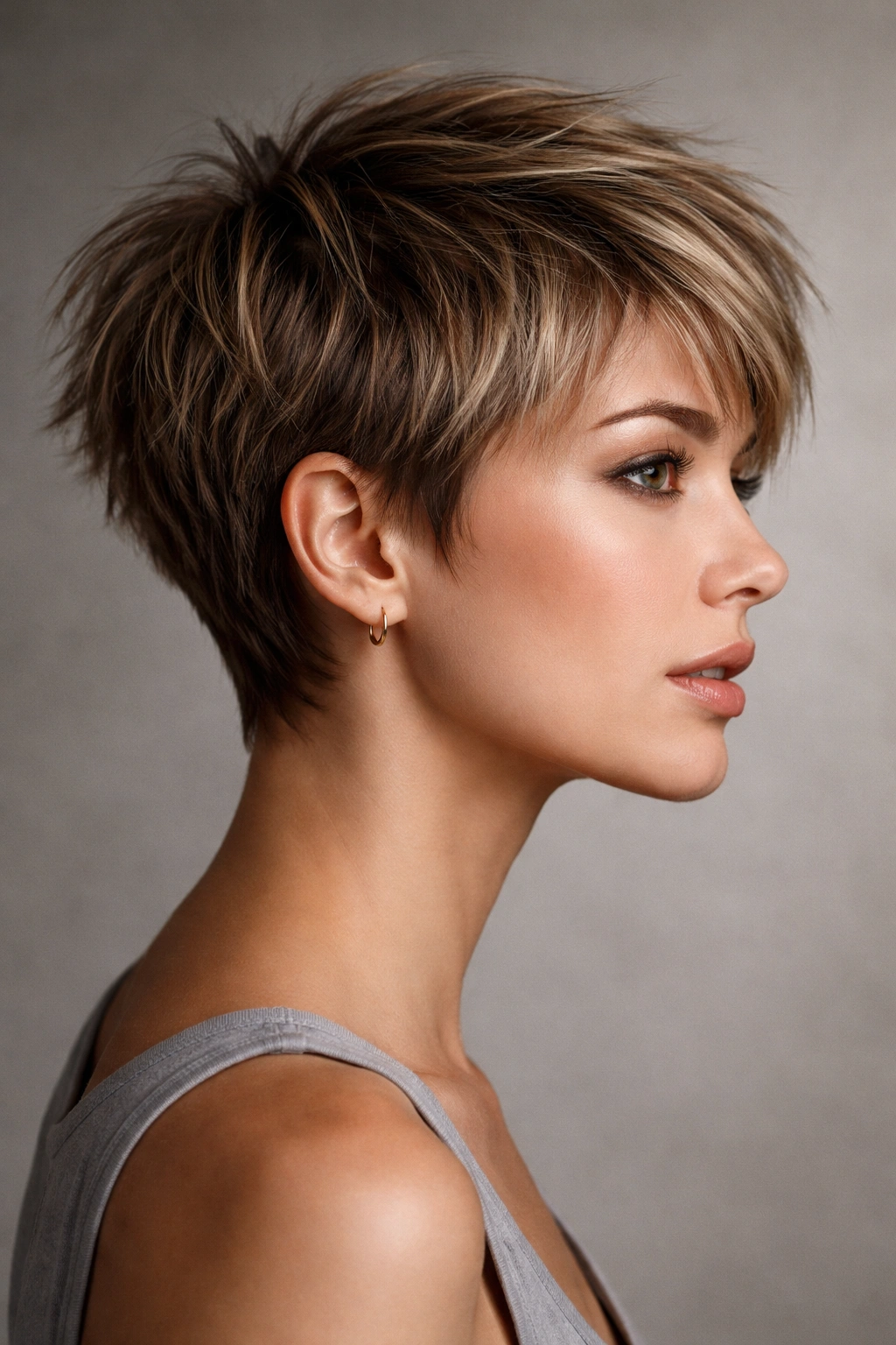 Close-up of a model's head with a textured short choppy pixie haircut showing uneven crown layers