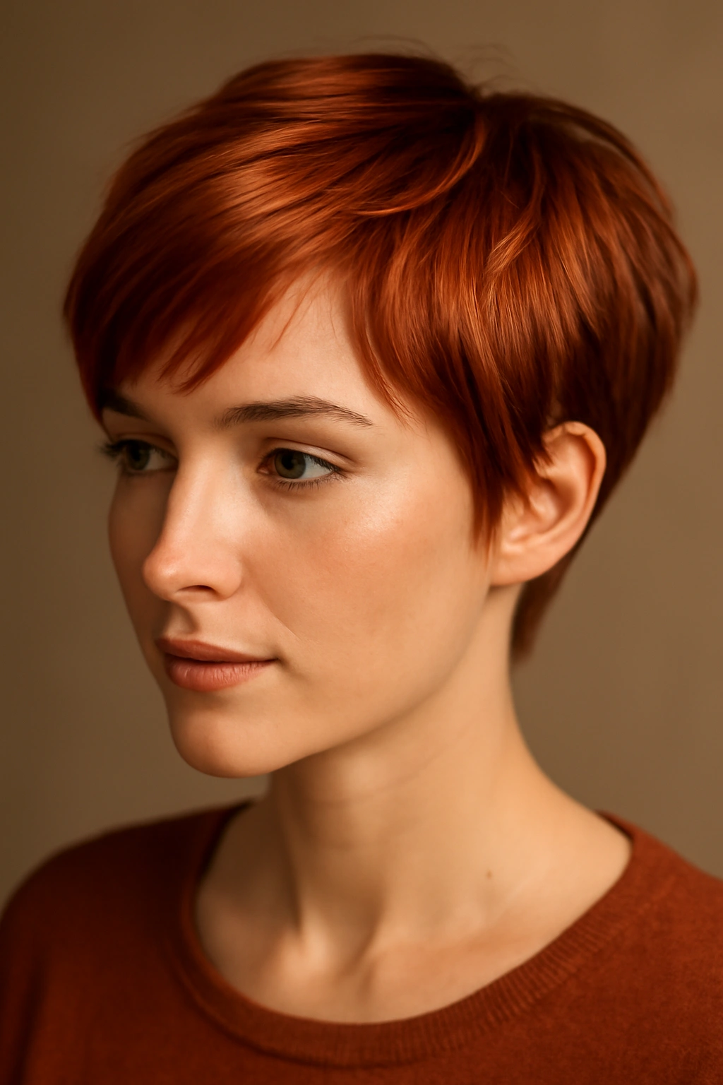 Close-up portrait of a short copper hair style with dimensional highlights.