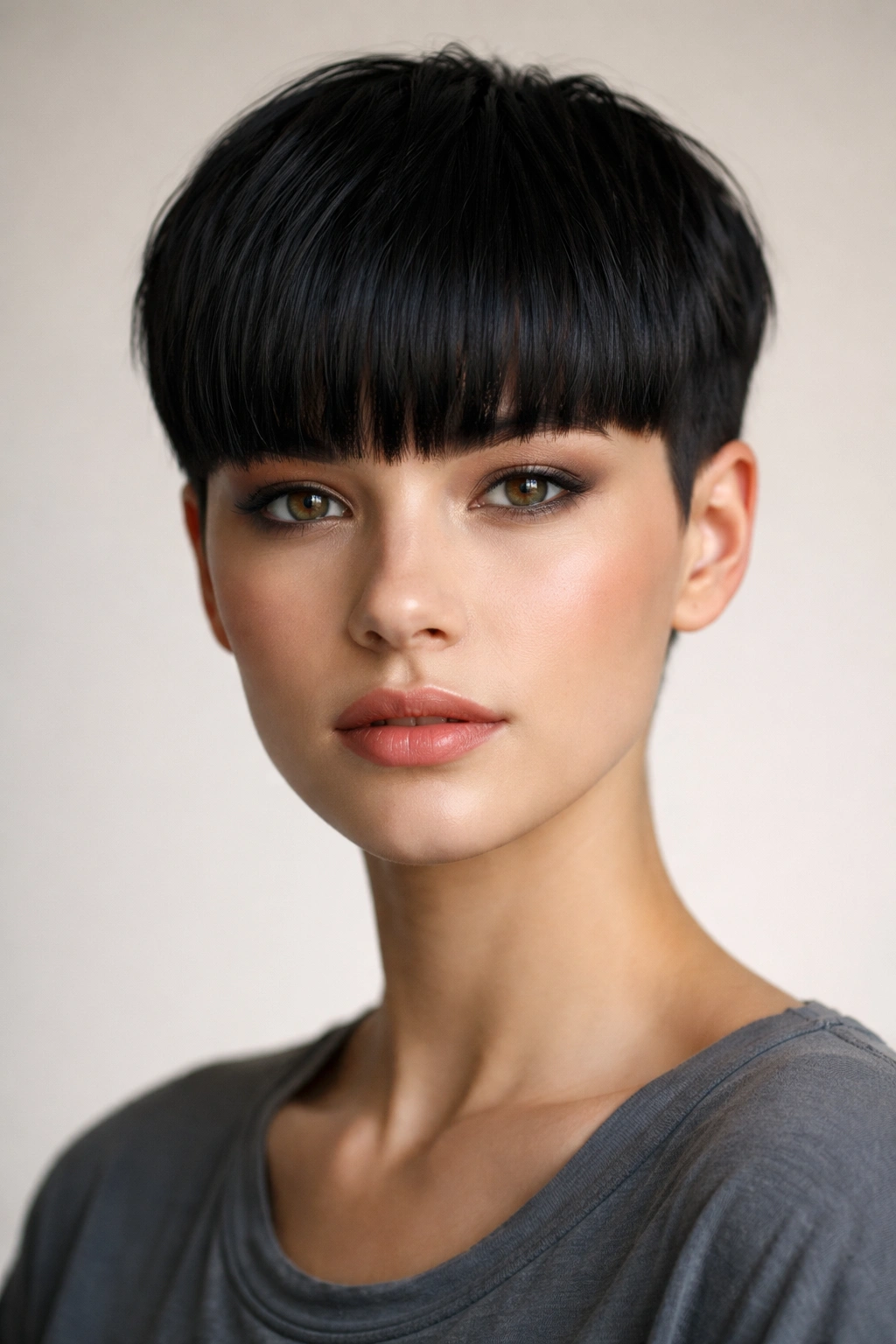 Close-up portrait of short crop with heavy blunt fringe