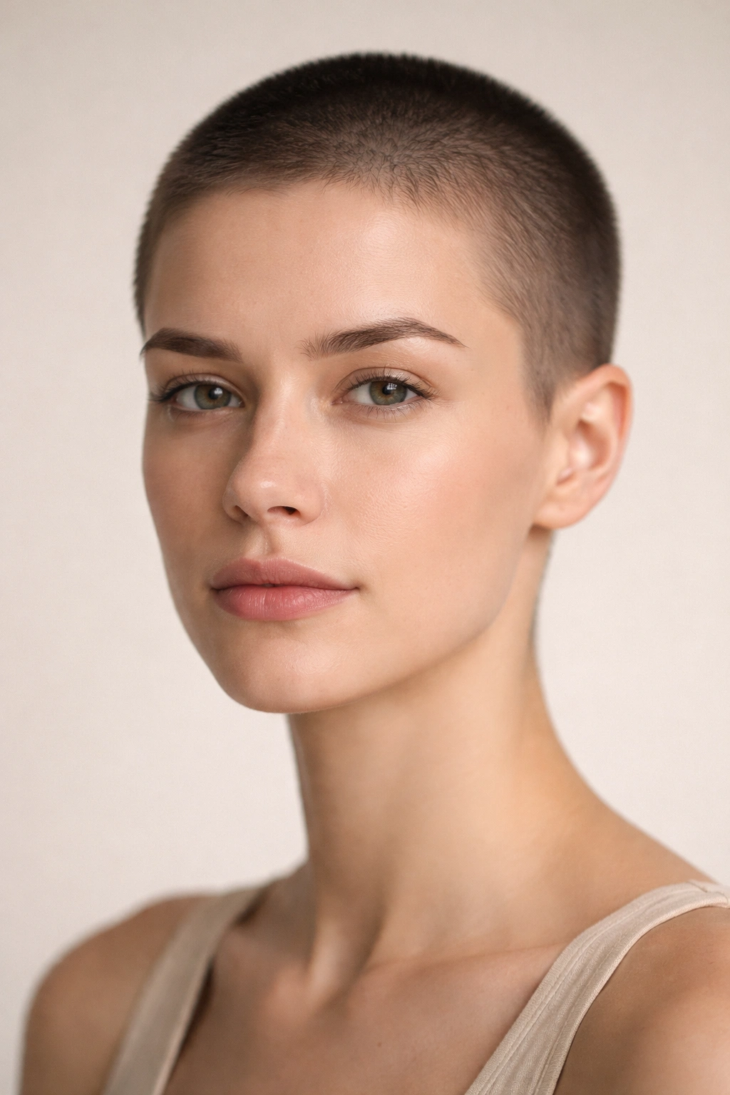 Close-up of a minimalist short crop showing uniform ultra-short length all over the head