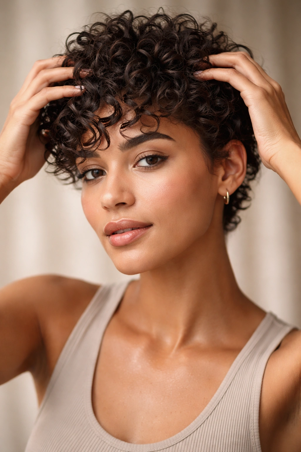 Close-up showing hands styling short curls for definition
