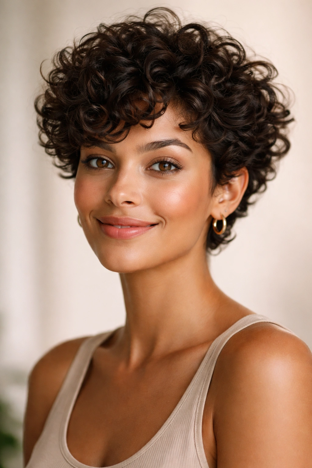 Close-up portrait of short curly hair with defined volume and bounce.