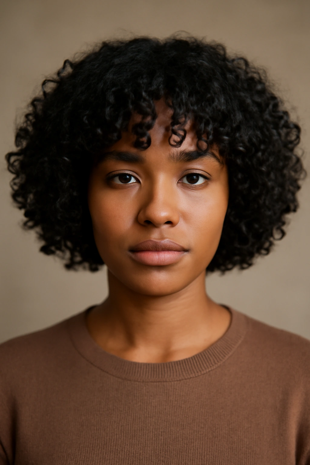 Close-up of a chin-length curly bob with bangs on natural hair