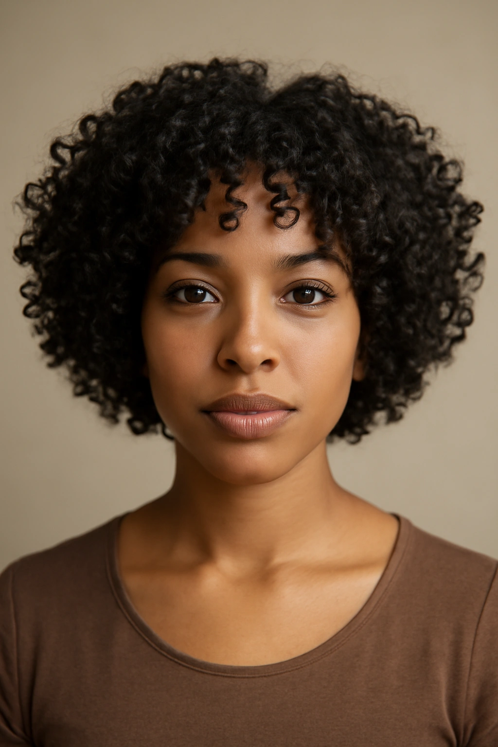 Portrait of a person with a dry natural-curled short bob showing defined curls.