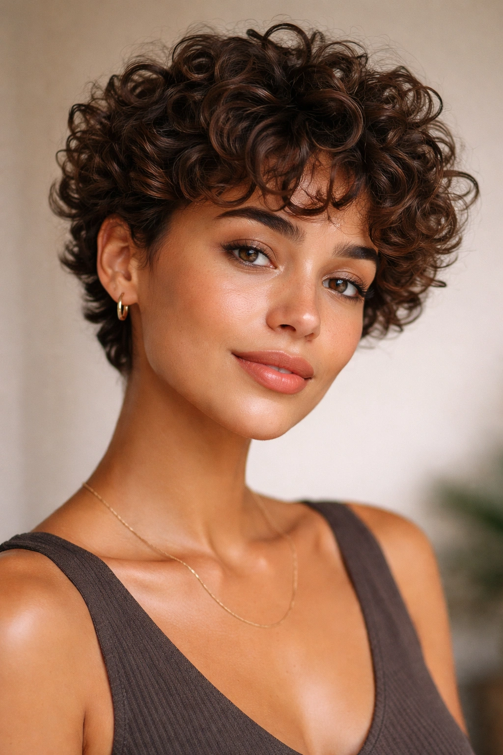 Portrait of a person with a flattering short curly cut and balanced facial features.