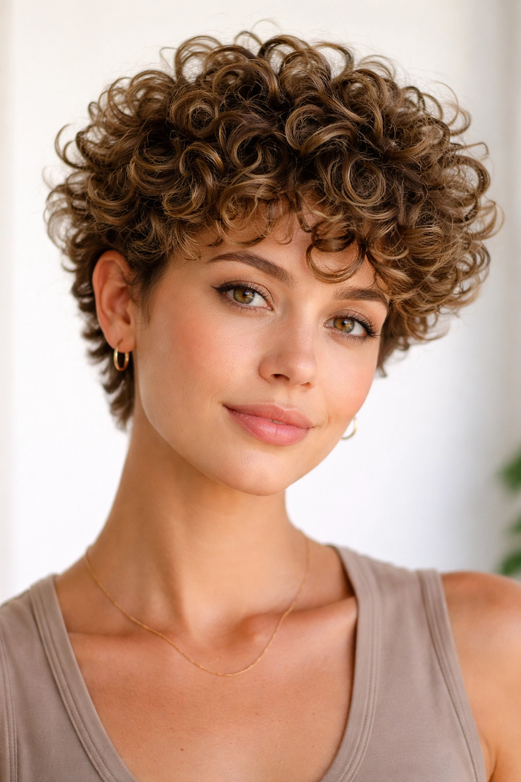 Close-up of short curly cut showing defined curls and width