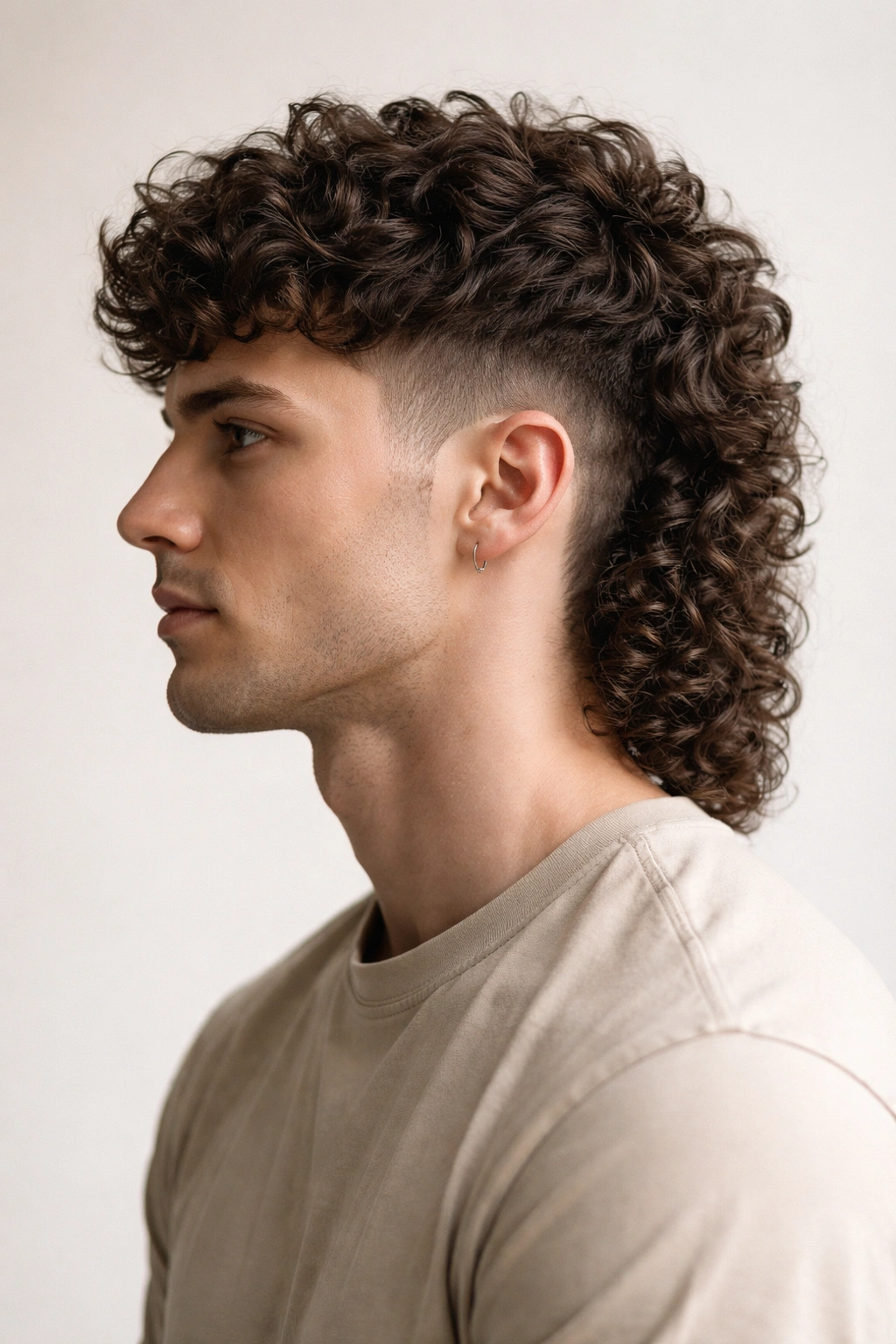 Close-up of a short curly mullet hairstyle with a short front and longer back, showing defined curls.