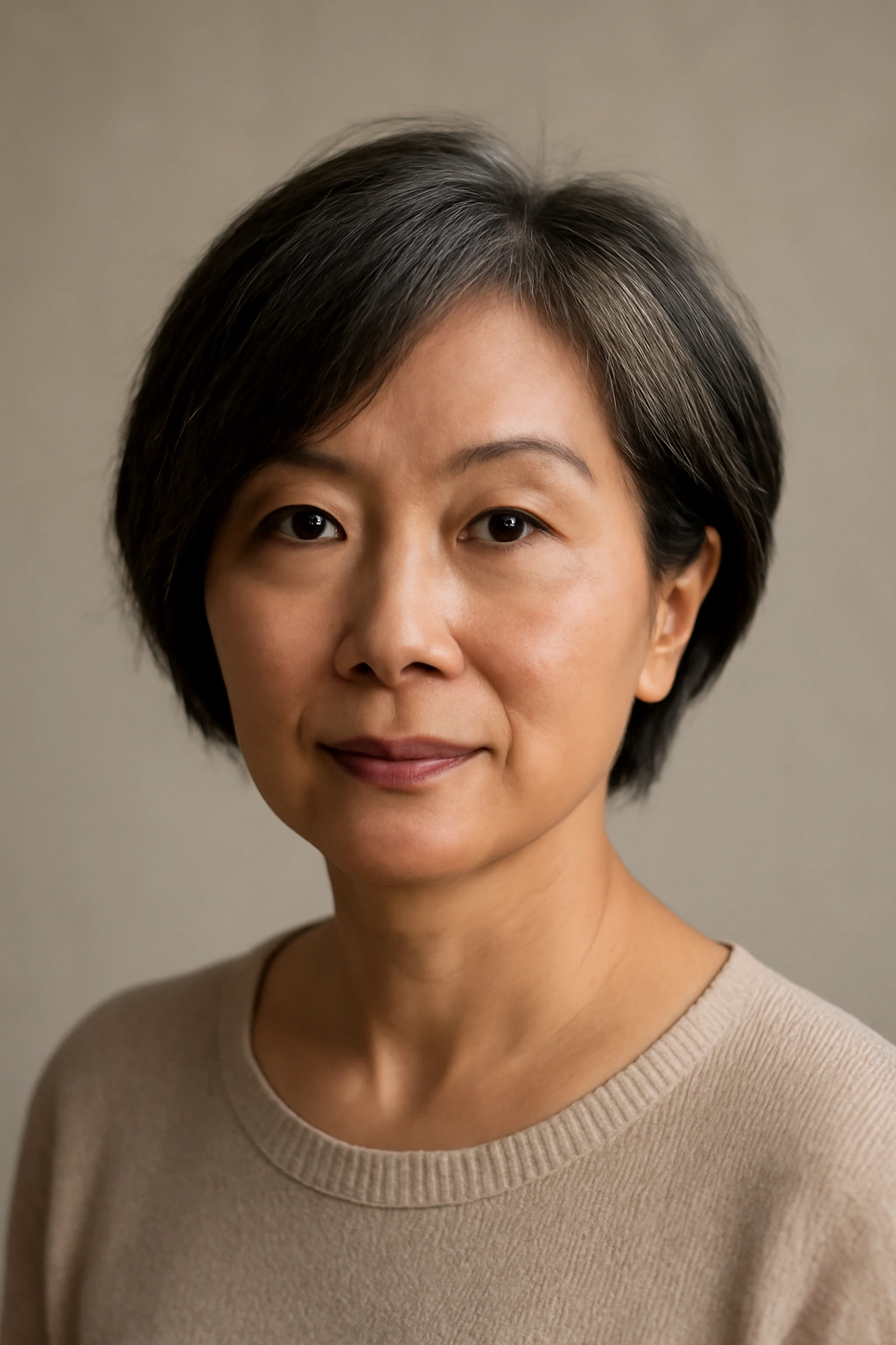Asian woman with a flattering short haircut that suits her face shape.