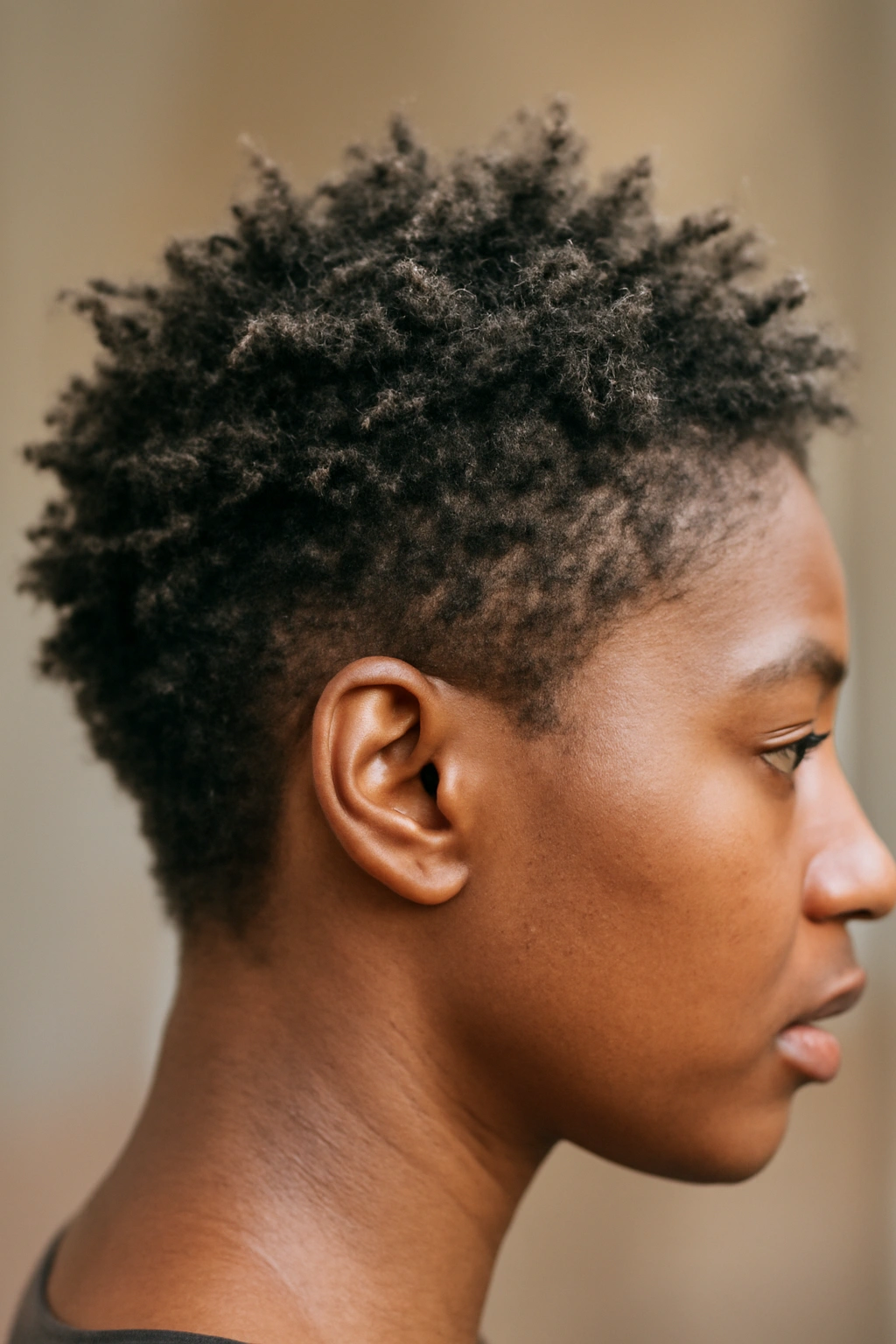 Close-up of a short hairstyle showing frizz and uneven texture