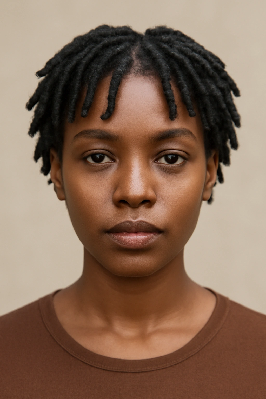 Head-on view of short faux locs on natural hair