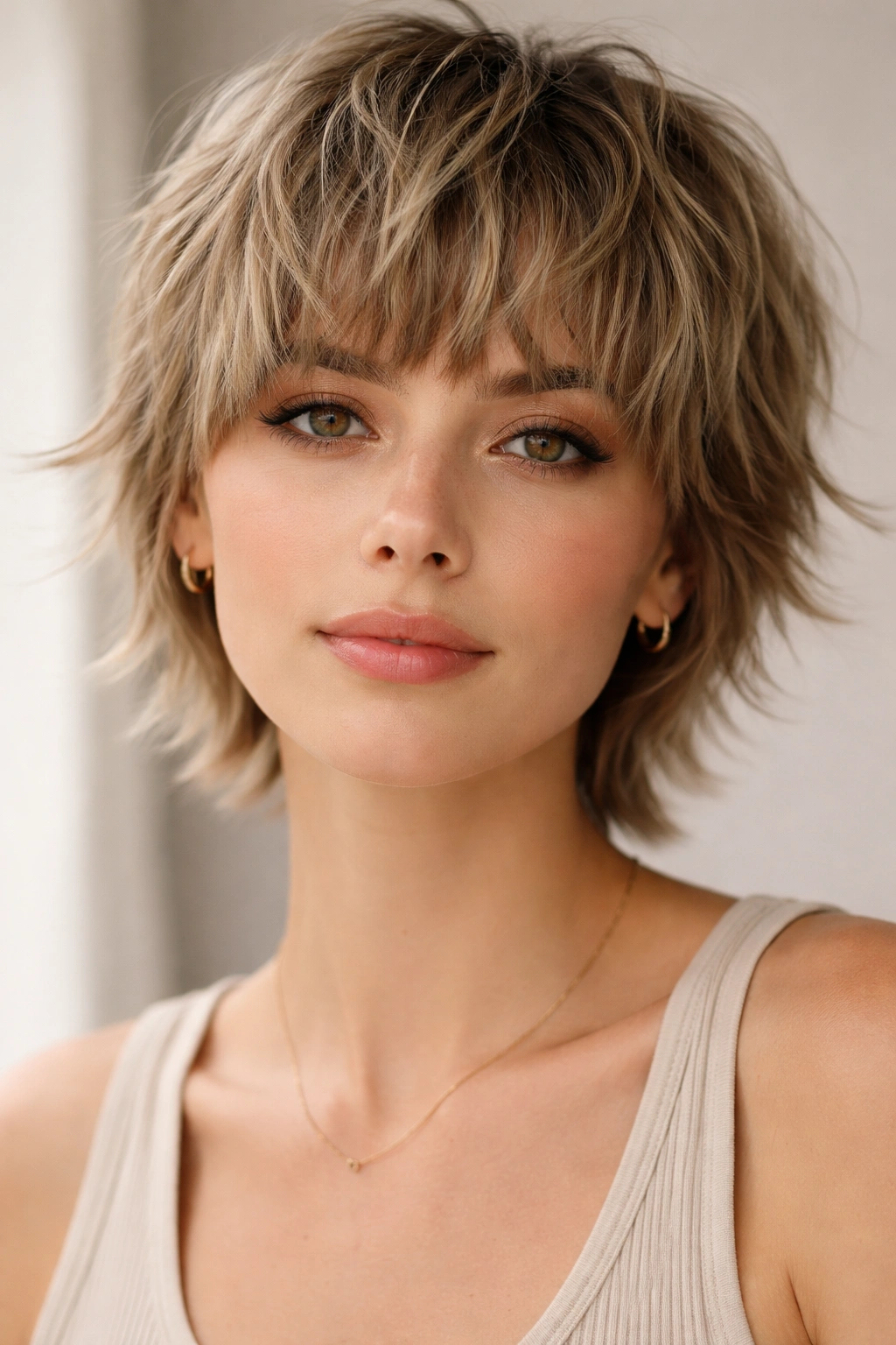 Close-up of a model with a short textured fringe cut and layered sides.