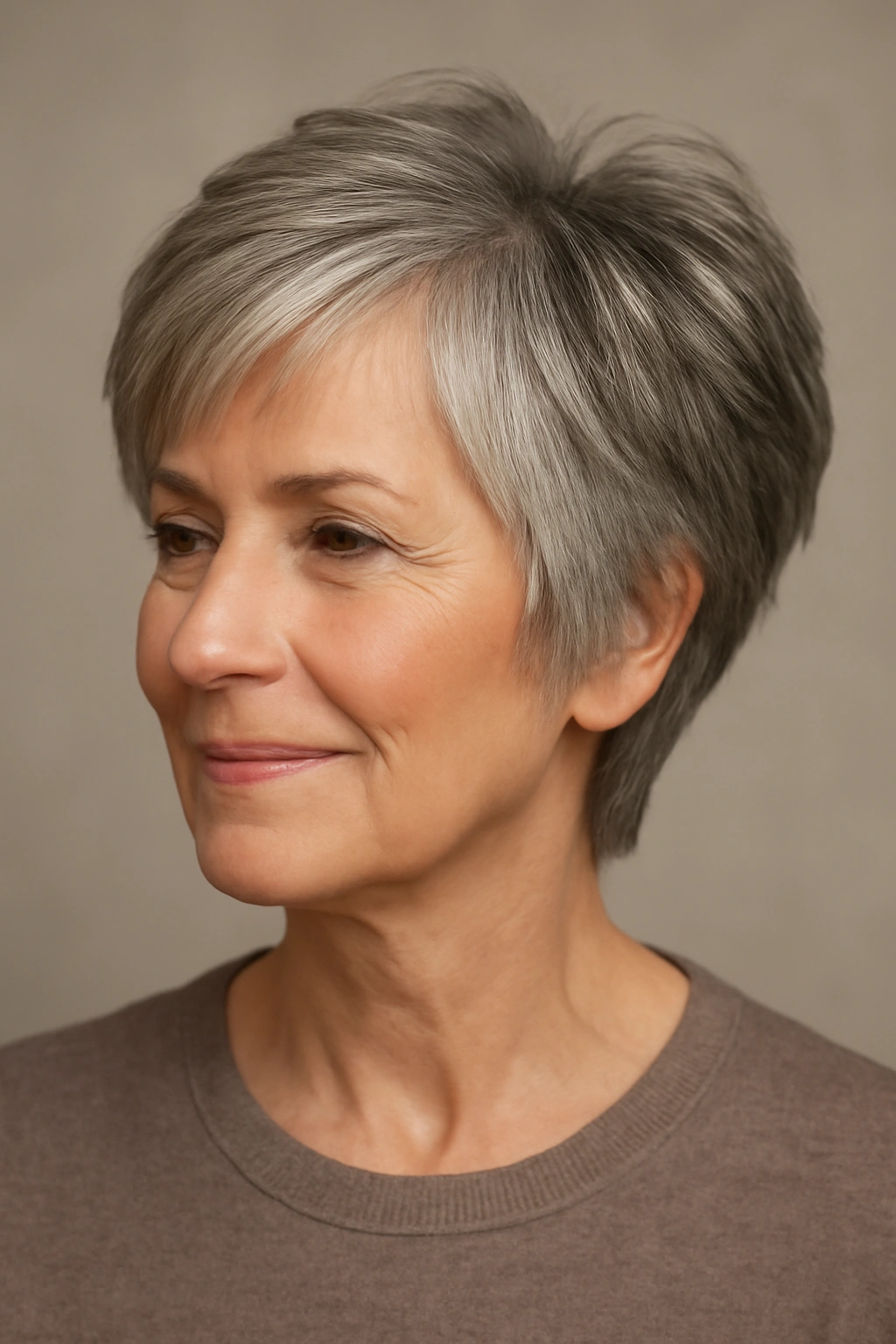 Mature woman with short graduated layers providing crown lift and soft transitions