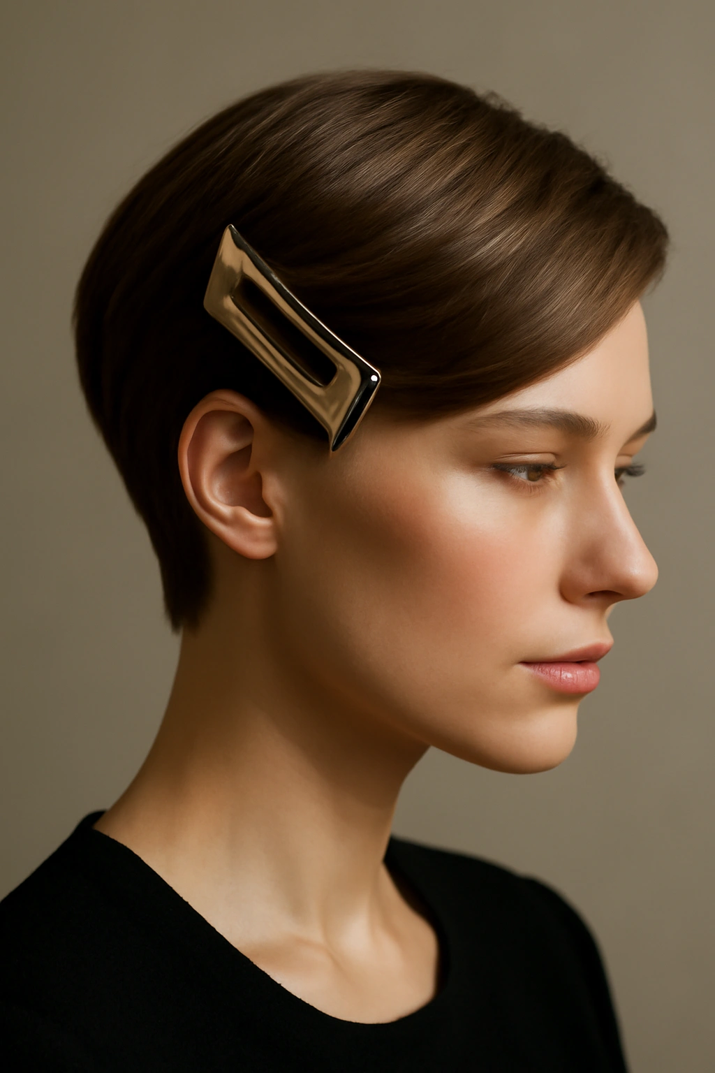 Short hair with a bold architectural clip as a statement accessory