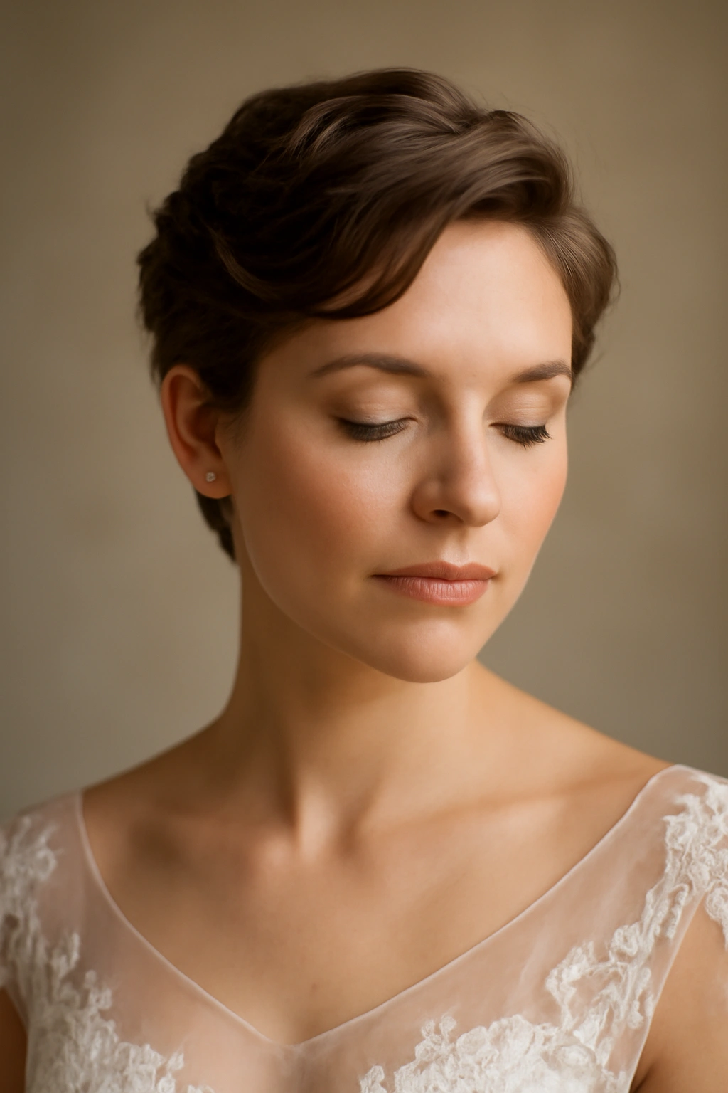 Portrait of a short-haired bridesmaid with an elegant wedding hairstyle