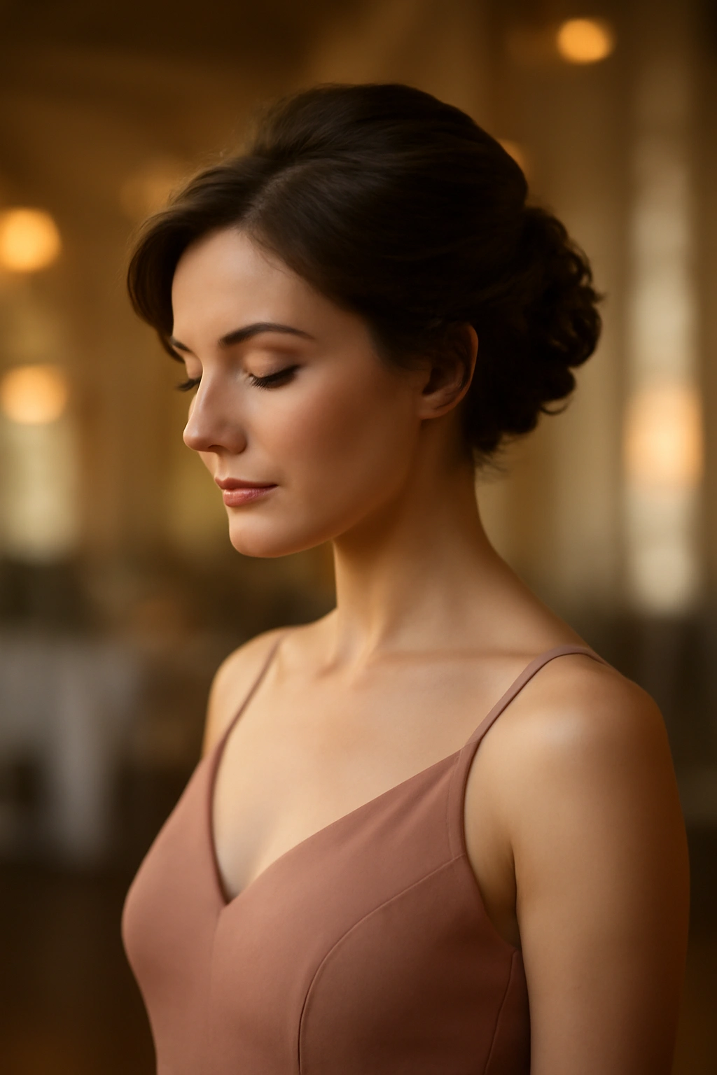 Bridesmaid with short elegant hair and soft makeup in a warm wedding venue, head-and-shoulders shot