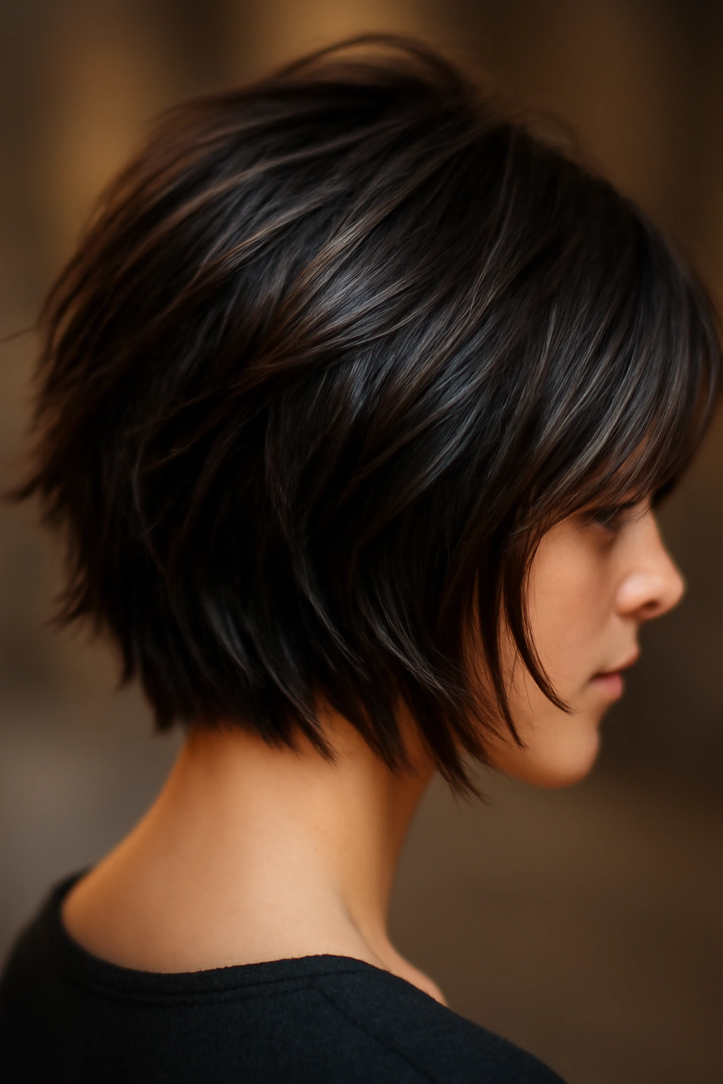 Close-up of short hair with choppy layers and amplified shine in warm studio light