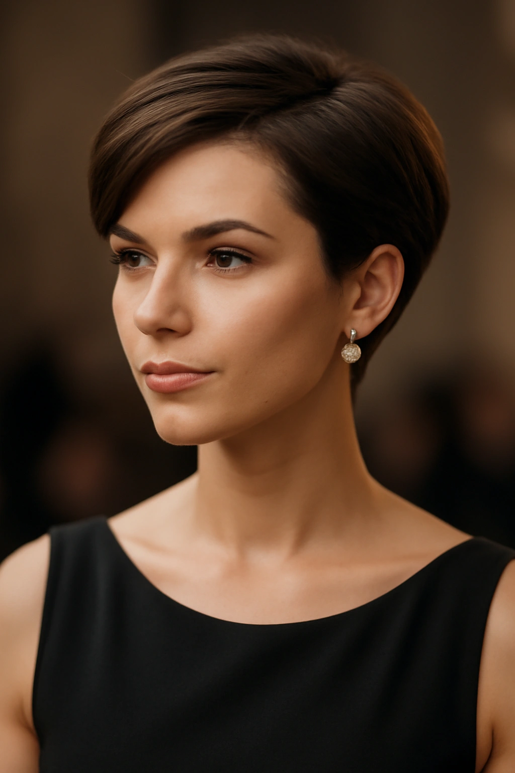 Portrait of a confident person with chic short hair at a formal event