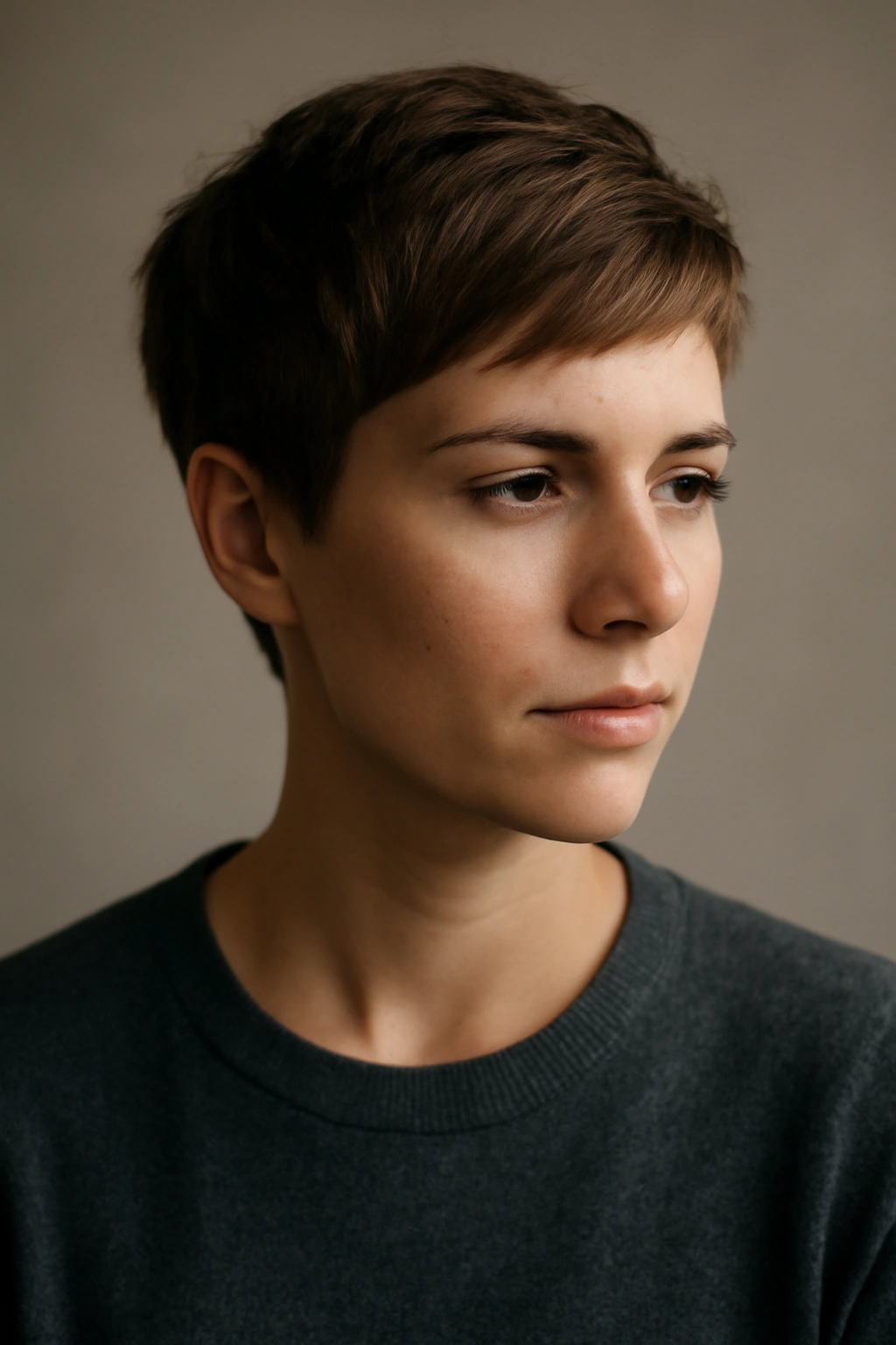 Contemplative portrait of a person with a modern short hairstyle against a neutral background