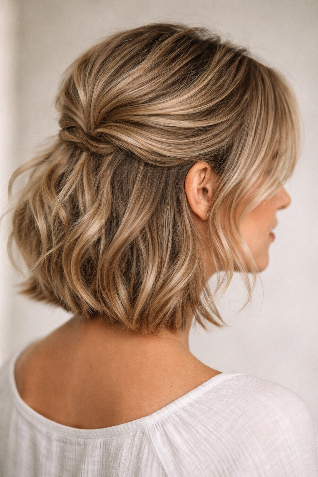 Half-up hairstyle on short hair with textured crown and loose bottom
