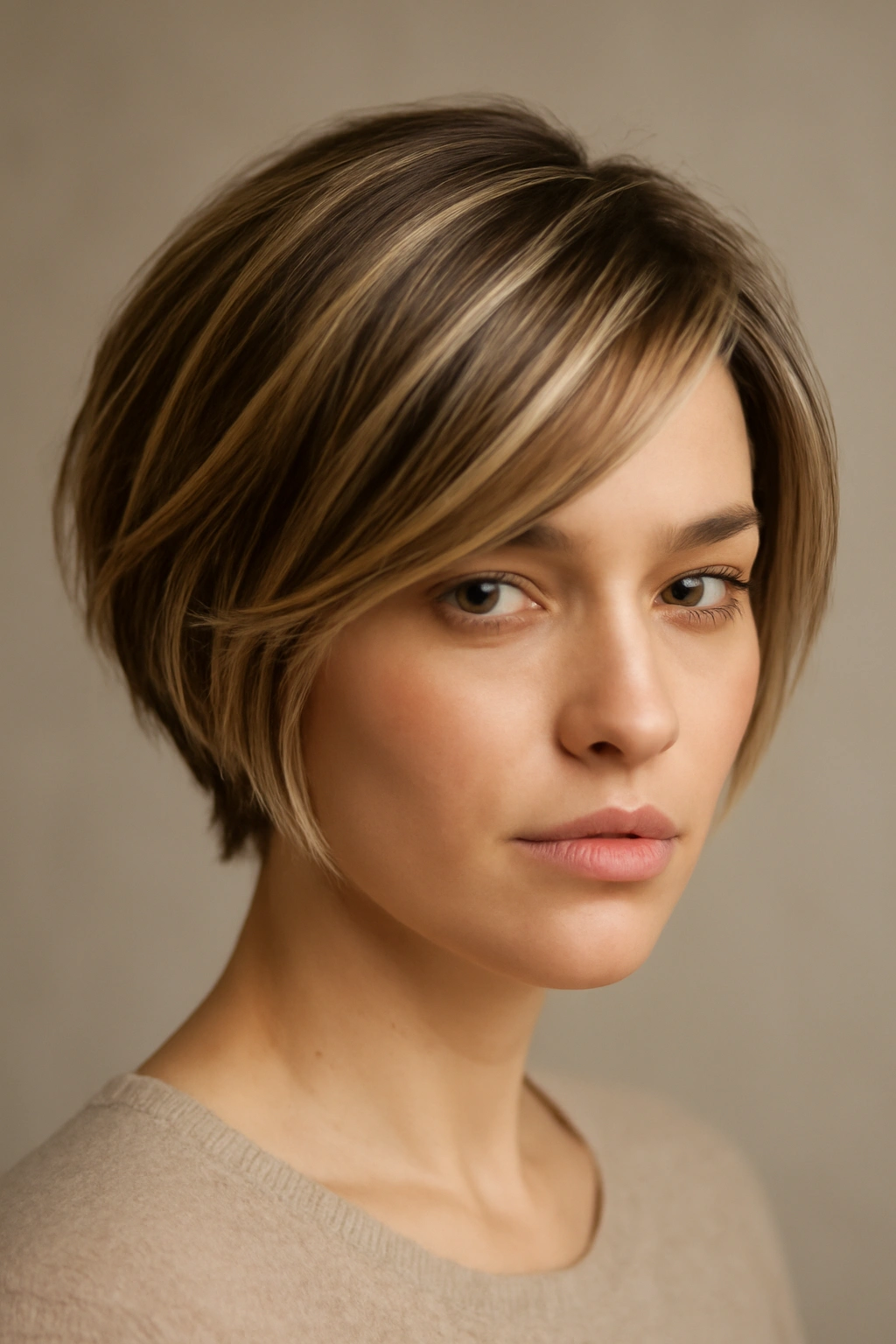 Close-up portrait of a person with a chic short haircut and dimensional highlights in a studio.