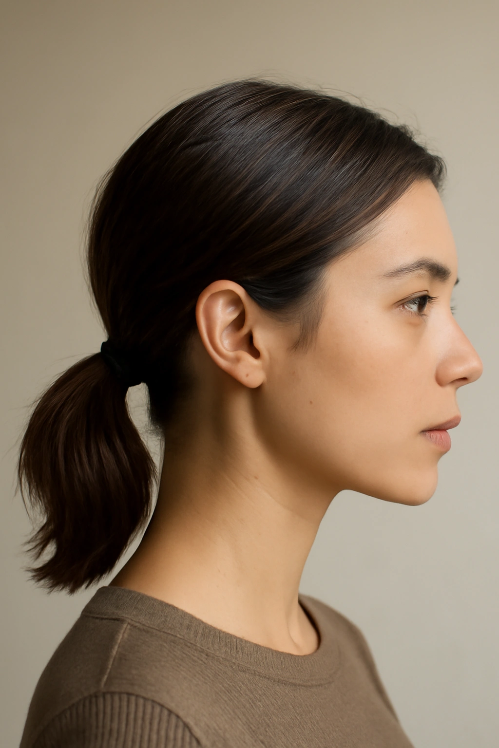 Close-up of a short hairstyle in a sleek low ponytail with textured finish