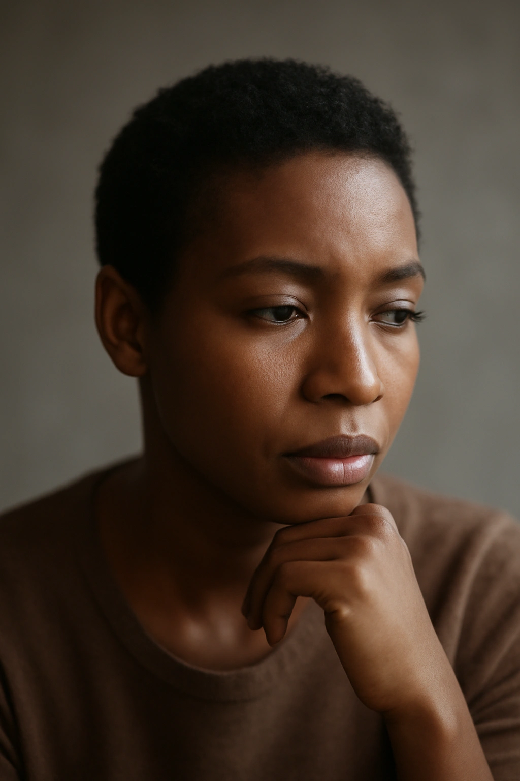 Close-up portrait of a Black woman with short natural hair in a thoughtful pose against a neutral backdrop