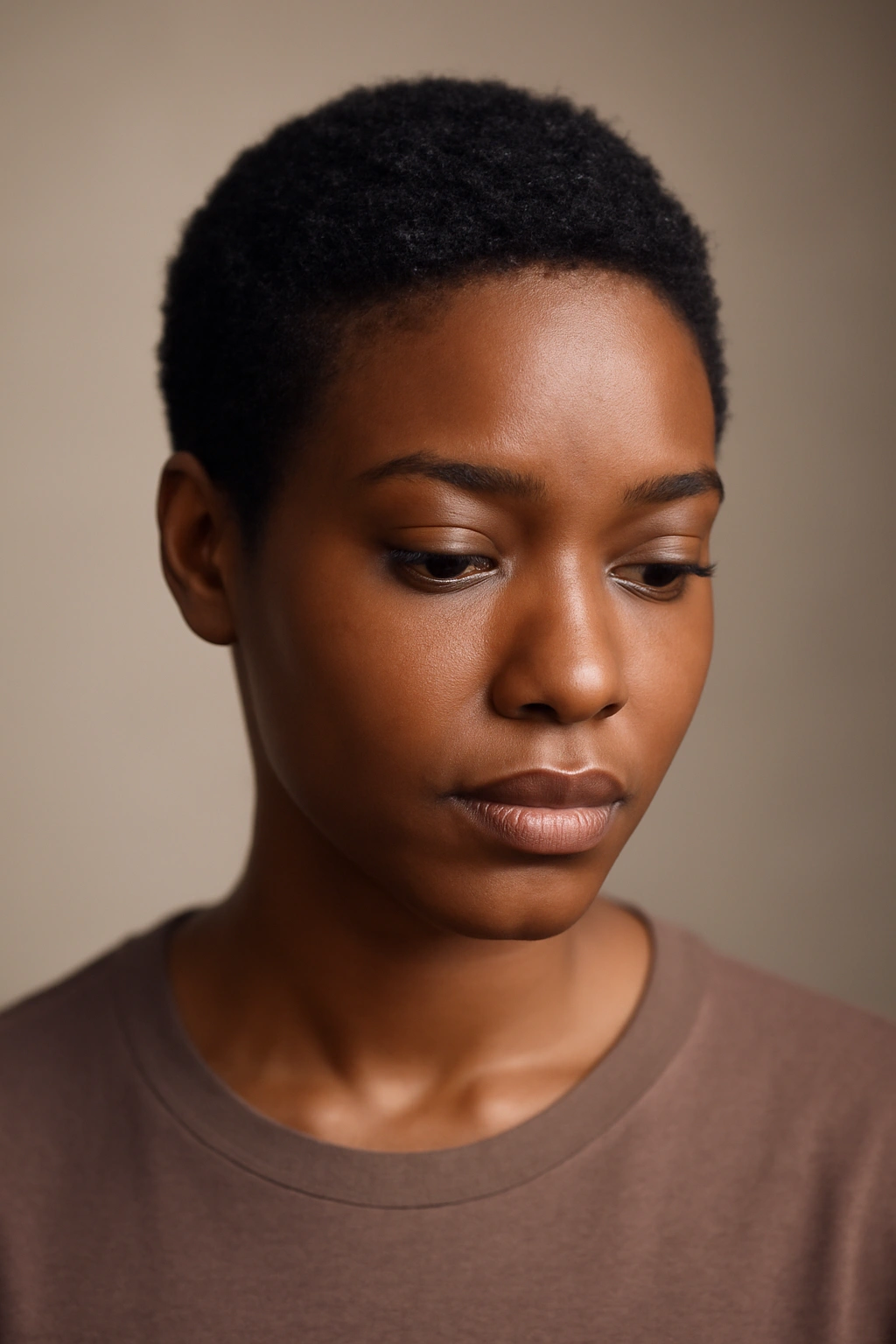 Close-up portrait of a person with a short relaxed hairstyle in a soft-lit studio