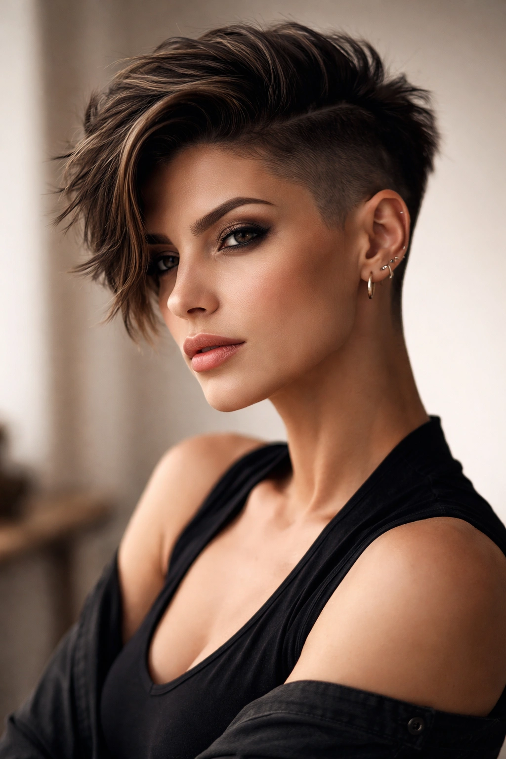 Thoughtful portrait of a bold woman with a shaved-sides short haircut, emphasizing haircare style
