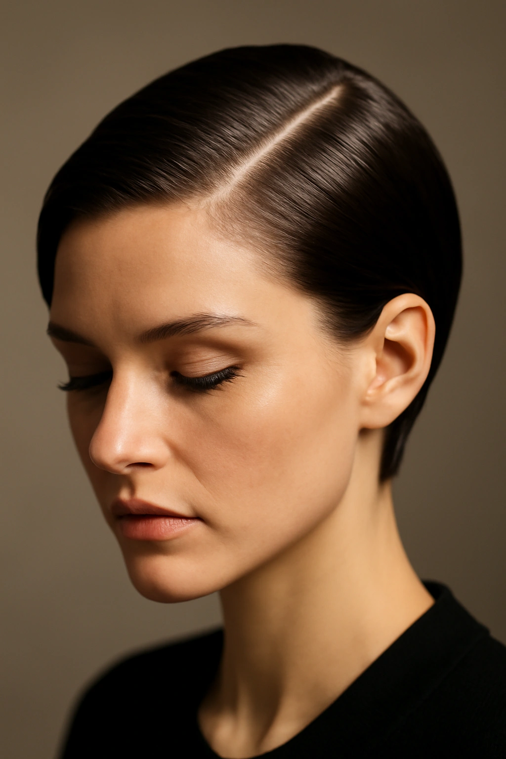 Close-up of a short hairstyle with a polished side part and sleek lines.