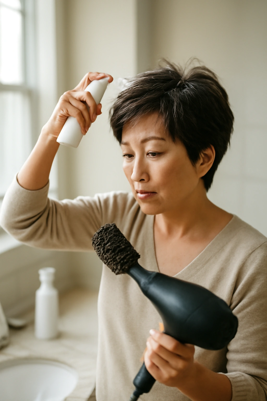 Person styling short hair at home with blow-dryer, brush, and product