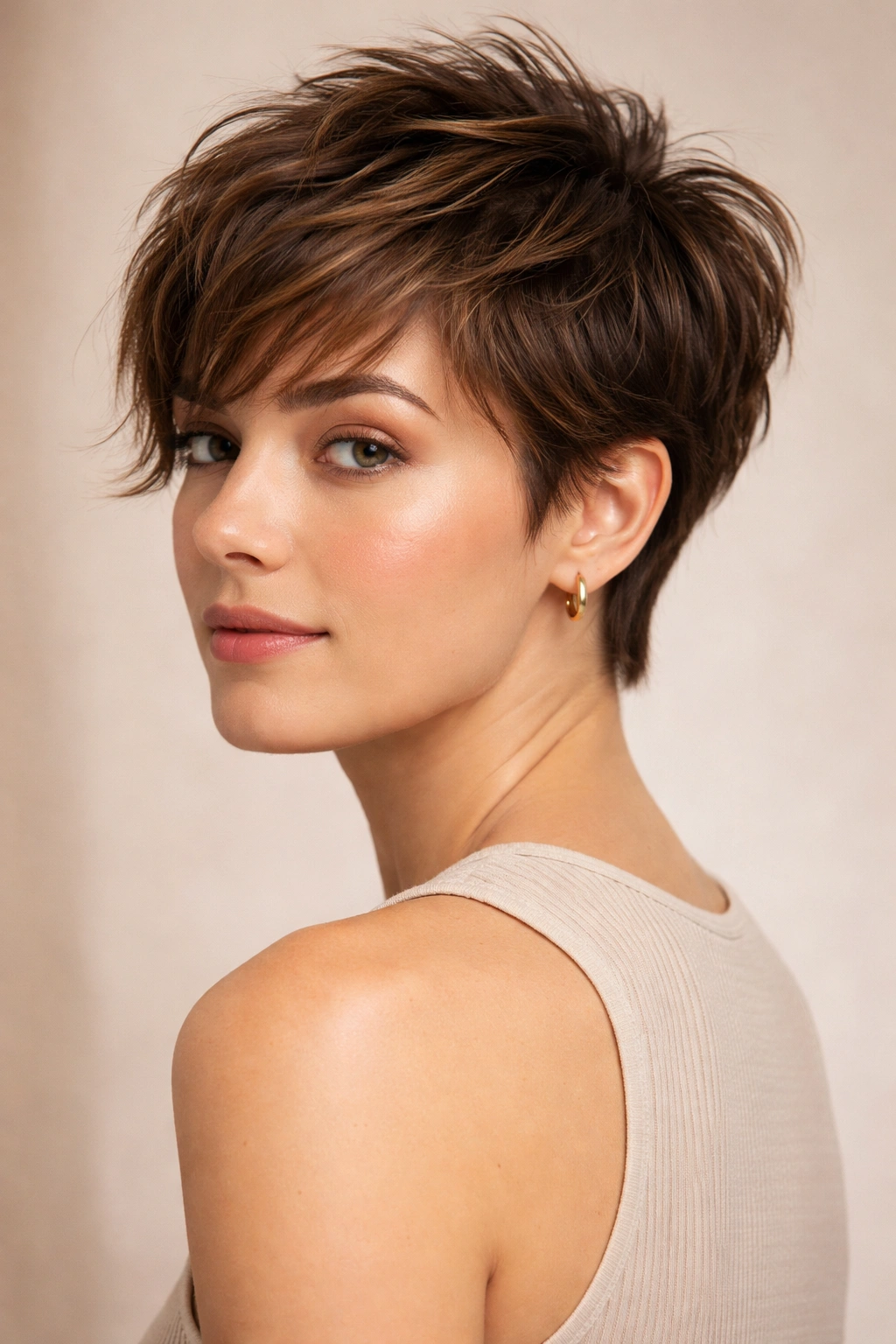 Portrait of short haircut with varied textures illustrating styling phases and growth
