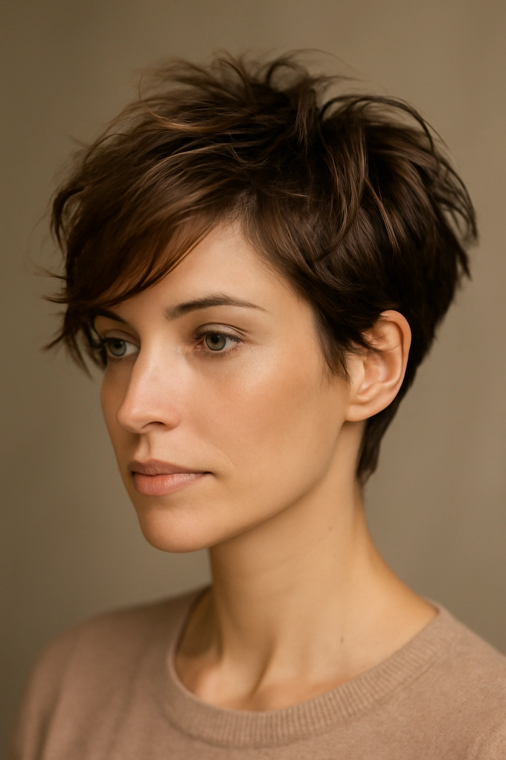 Close-up of a short textured tousle with a side-swept face frame.