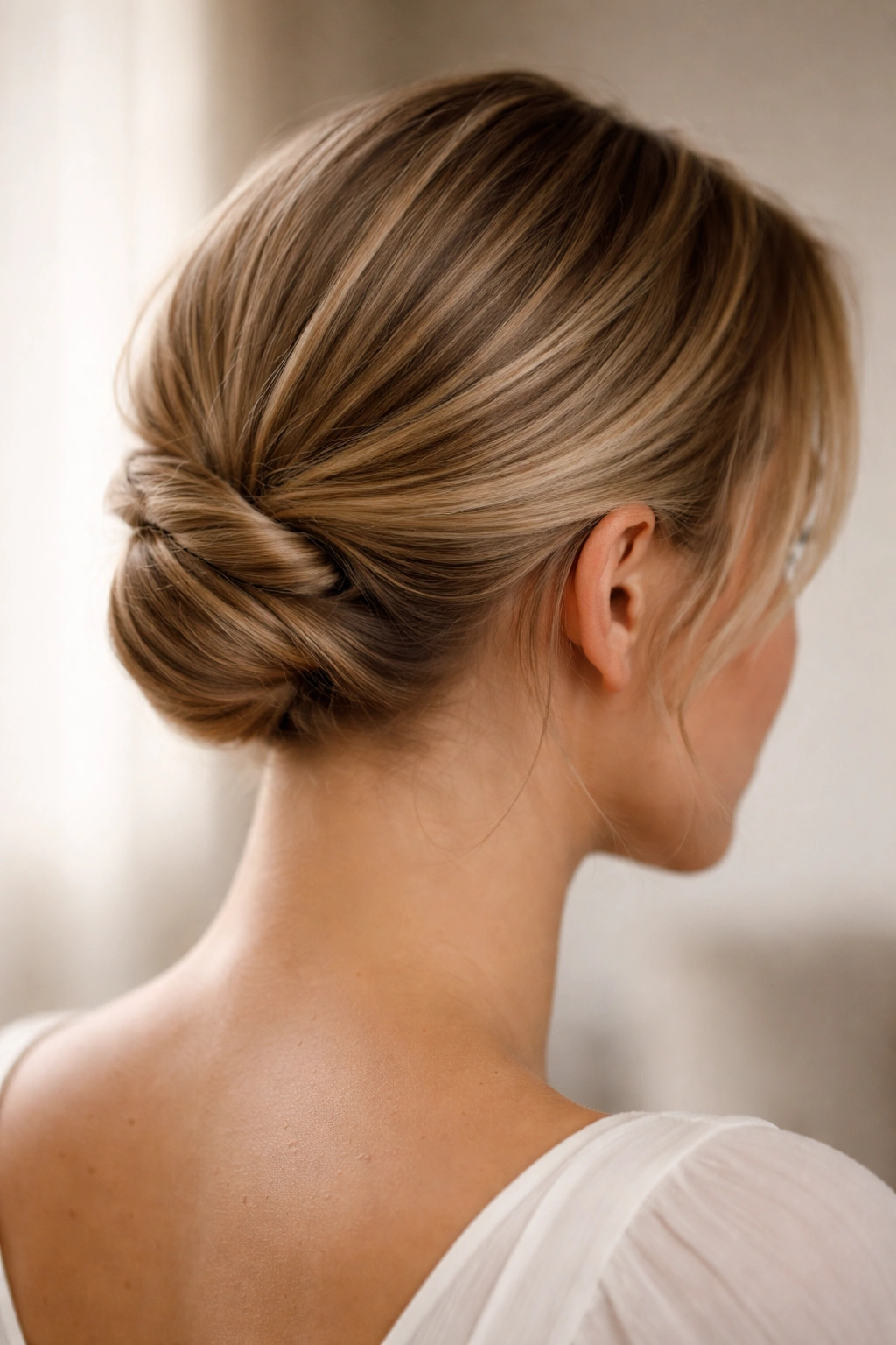 Close-up of a chin-length bob styled into a sleek low updo at the nape with twisted strands