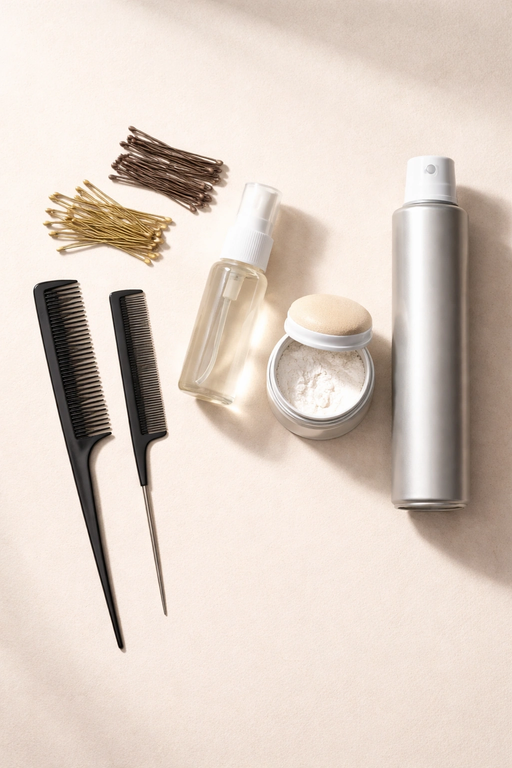 Flat lay of hair tools and products for short-hair updos with no visible branding
