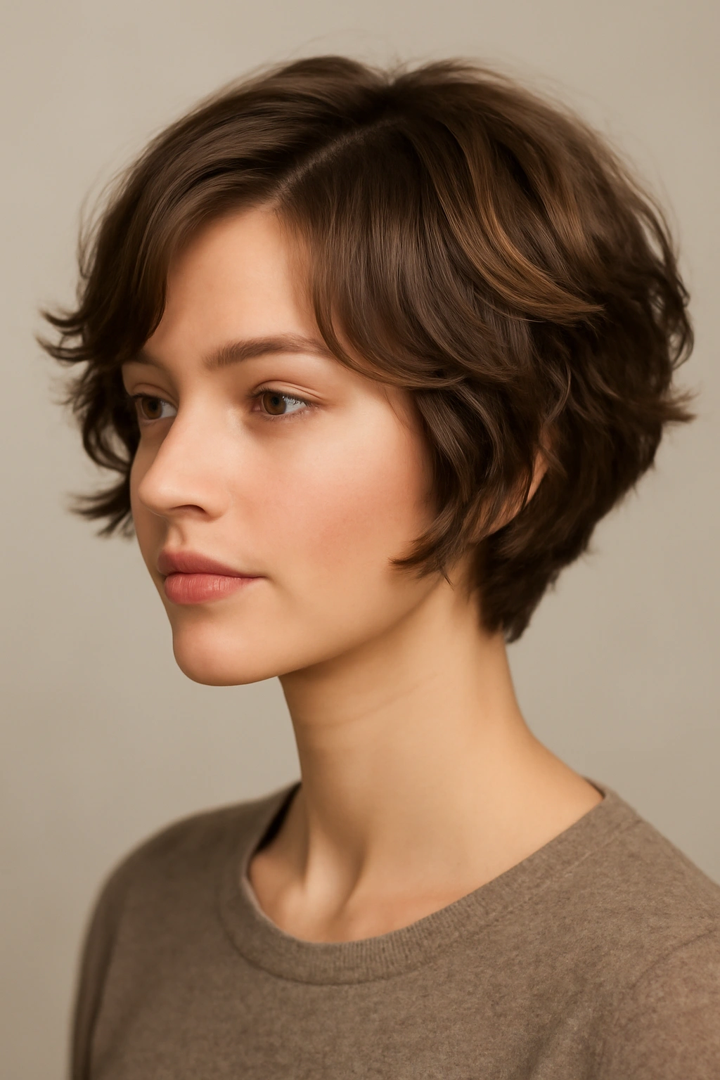 Close-up of a short romantic hairstyle with soft waves and blended layers in a studio portrait