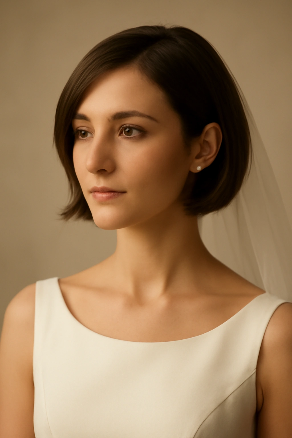 Close-up portrait of a bride with a short chic hairstyle under warm studio lighting