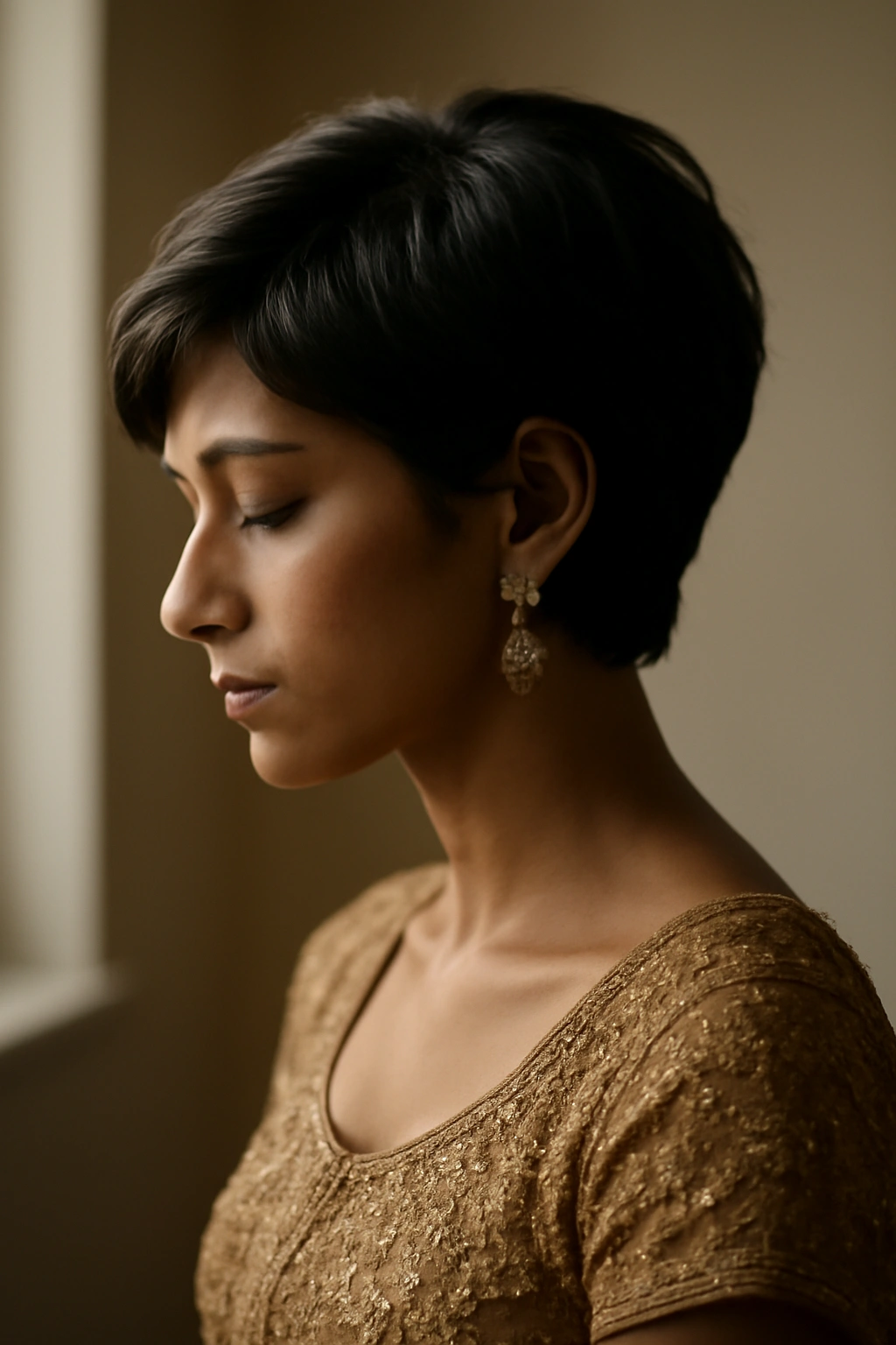 Silhouette of a woman with short hair in a contemplative pose