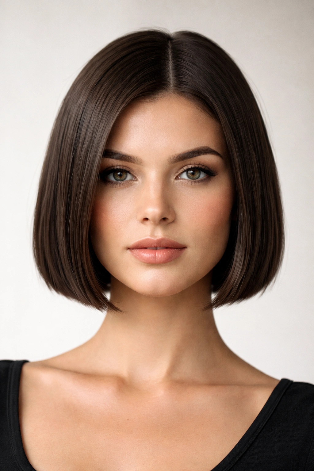 Portrait of a person with an ear-length blunt crop bob on a square-face