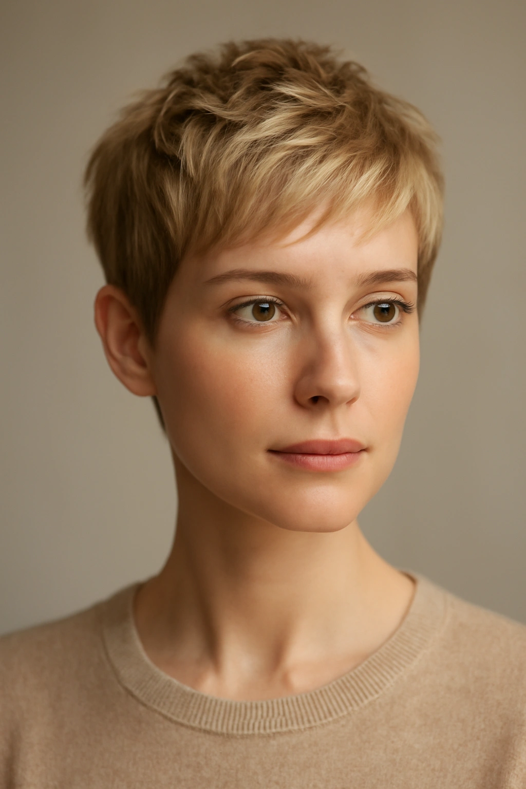 Close-up portrait of a person with a textured short haircut for fine hair in a neutral studio