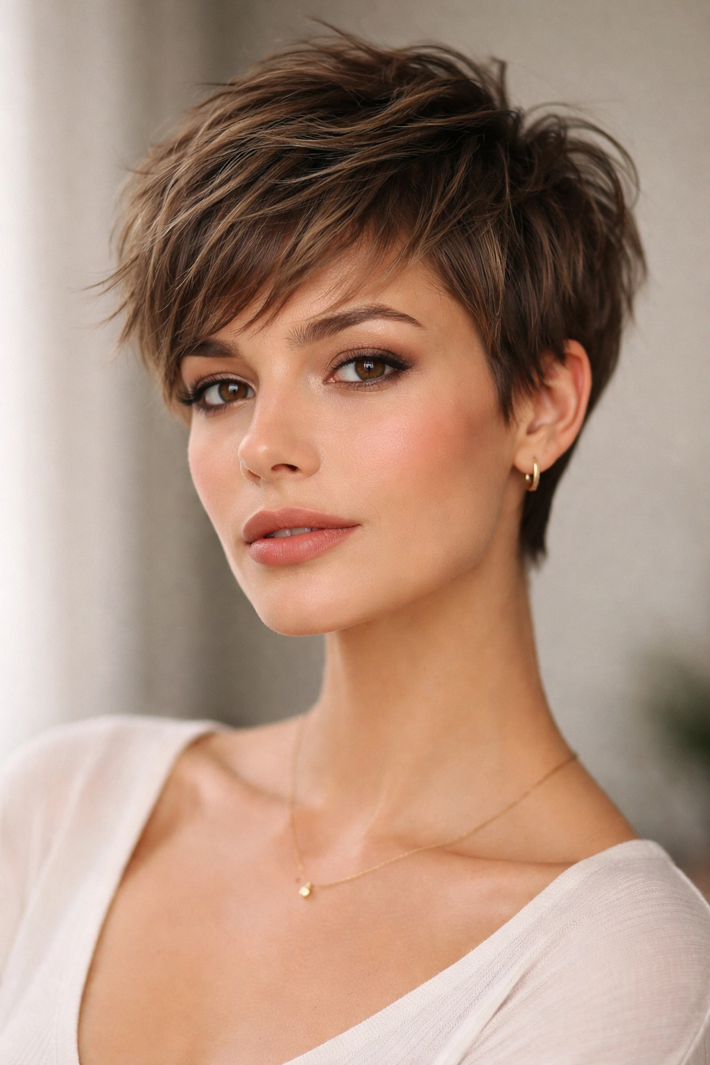 Close-up portrait of a model with a textured pixie haircut for oval faces, highlighting cheekbones and texture