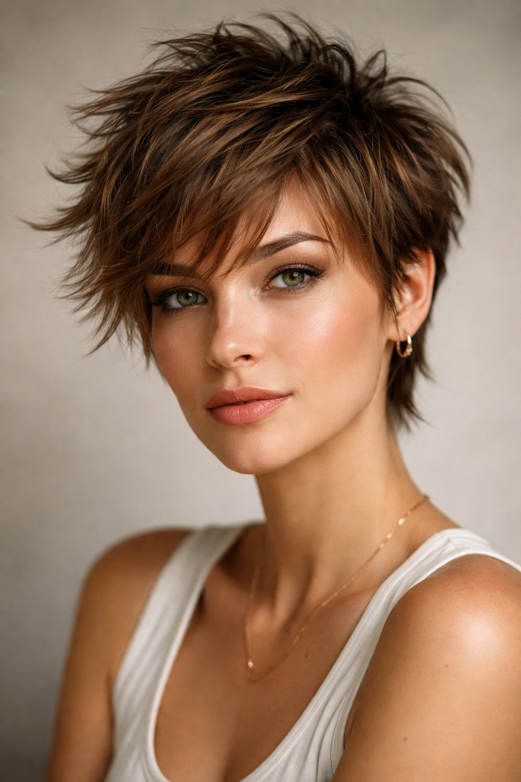 Diamond-faced model with a pixie-shag hybrid hairstyle featuring longer top layers