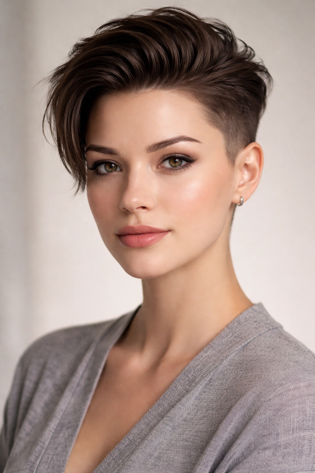Heart-faced model with sleek undercut showing clean lines